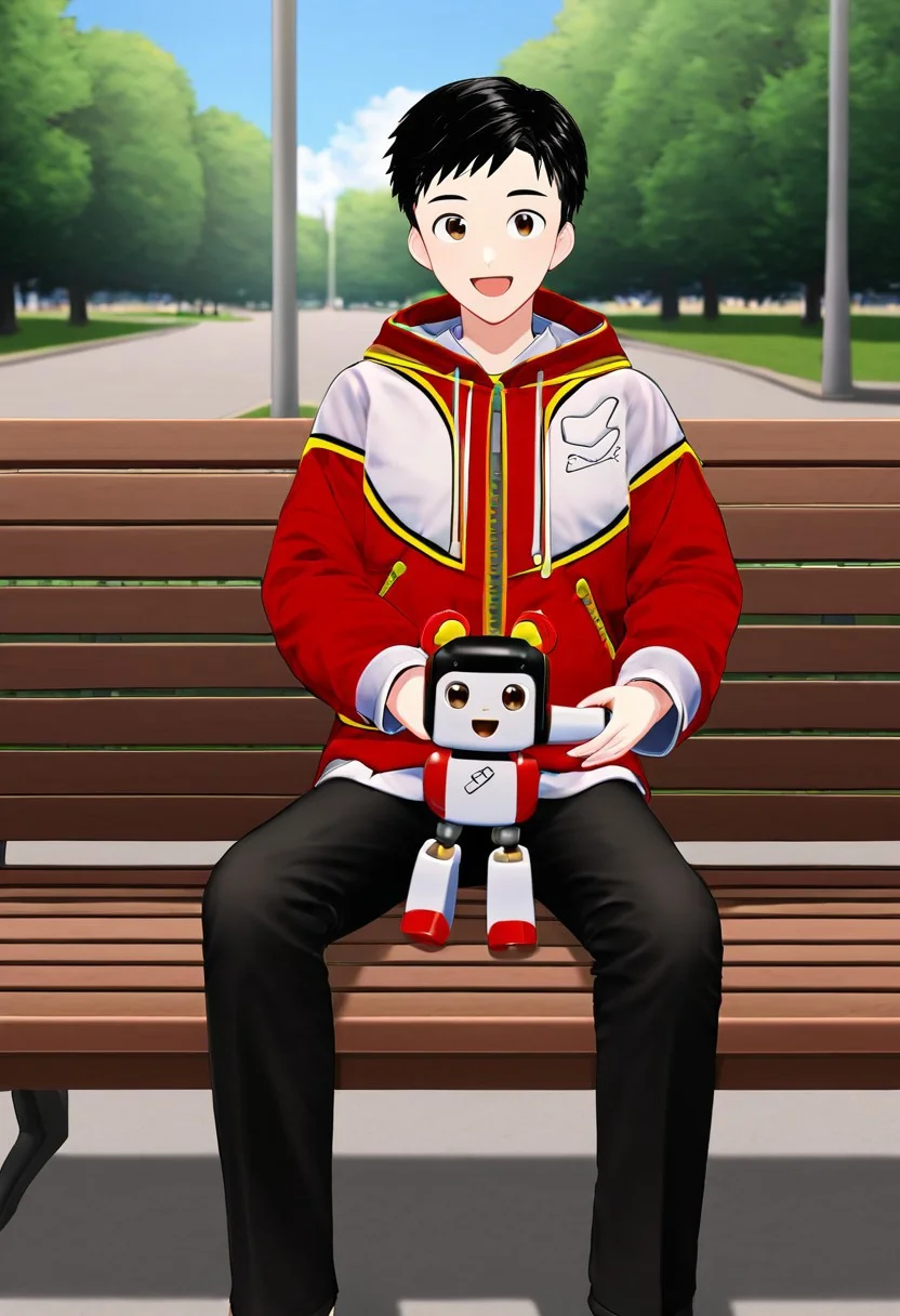 harmard, black hair, short hair, brown eyes, 1boy, (solo:1.20), solo focus, red_white_jacket, black pants, at park, happy expression, sit on bench, holding a robot toy