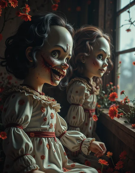 Halloween themed, dark creepy porcelain dolls lurking in the shadows, tattered and broken <lora:sxz-Dark-Fantasy-v2-Flux:0.8> drkfnts style, <lora:Cute_3d_Cartoon_Flux:.4>