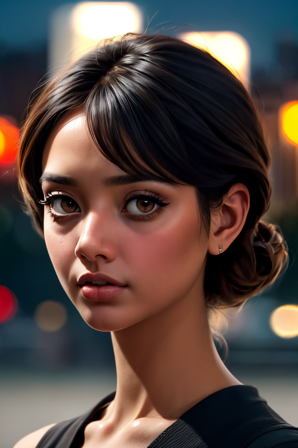 <lora:Sexy-Peruvian:1> brown eyes, black hair, solo, looking at viewer, city background, blurred background, bokeh, deep of field, kkw-ph1, <lora:LORA-XenoDetailer-v2:1>