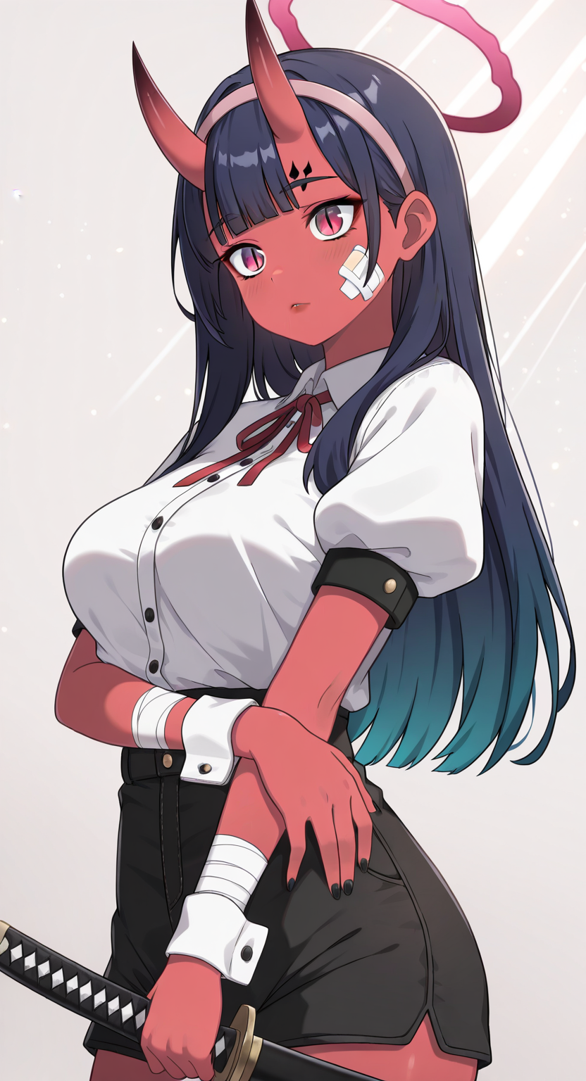 masterpiece, cute, lovely, newest, absurdres, (best quality:1.3), amazing quality, very aesthetic, 1girl, solo, high_resolution, hq, 4k, BREAK. high gradient eyes, very cute, light particles, cute details, cute colors, mature woman, (Kamuo_Style), red skin, oni, oni horns, dark blue hair, straight hair, blunt bangs, pink eyes, slit pupils, (medium breasts:1.2), sagging_breasts, BREAK, bandaid on face, bandaid, bandaid on cheek, forehead mark, parted lips, wrist cuffs, neck ribbon, short sleeves, fingernails, shirt, hairband, puffy short sleeves, puffy sleeves, shorts, t-shirt, bandages, sheath, sword, solo, holding, simple background, grey background, upper body, halo, facial mark, nail polish, closed mouth, red ribbon, black nails, bandaged arm, holding weapon, light frown, light rays, pink hairband, red lips, scabbard, weapon, white shirt, masterpiece, best quality, very aesthetic, intricate details, vivid colors, smooth shading, dynamic lighting, professional illustration, soft gradients, balanced composition, elegant pose, high-resolution, sharp focus, 8k, hdr, crisp lines, perfect lighting, sharp eyes, detailed eyes, highly detailed