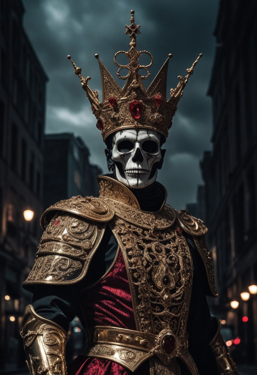 , 16k, raw, (ultra high picture quality), (intricate details), (strong fisheye lens photo/ intense fisheye view photo), ((bottom lit/)/(underlighting)), full body,  large view, ((dynamic photograph of a giant macabre riveted chrome and gold mechanical deity ) (tall jewelled mitre crown) (black and red smock), (holding a long (was-sceptre) stylized sceptre of power with an animal head at the top), ( is destroying the city)), (outside late at night during an electrical storm),
[horror , (double exposures), (low opacity overlays), nighttime, outdoor, realisticvision-negative-embedding, ]