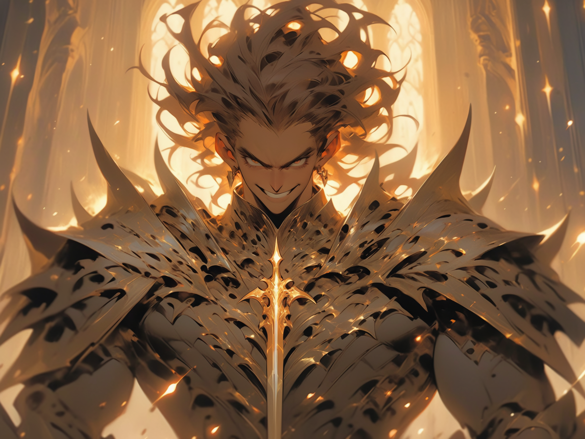 adult male fantasy god, human appearance, elegant but impish features, devilish smile, gold eyes, short messy brown hair, slender build, agile, holding two daggers made of light, intricate but minimal iridescent armor, 8K, fantasy heaven realm in background