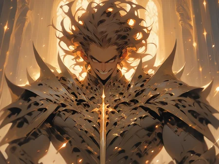 adult male fantasy god, human appearance, elegant but impish features, devilish smile, gold eyes, short messy brown hair, slender build, agile, holding two daggers made of light, intricate but minimal iridescent armor, 8K, fantasy heaven realm in background