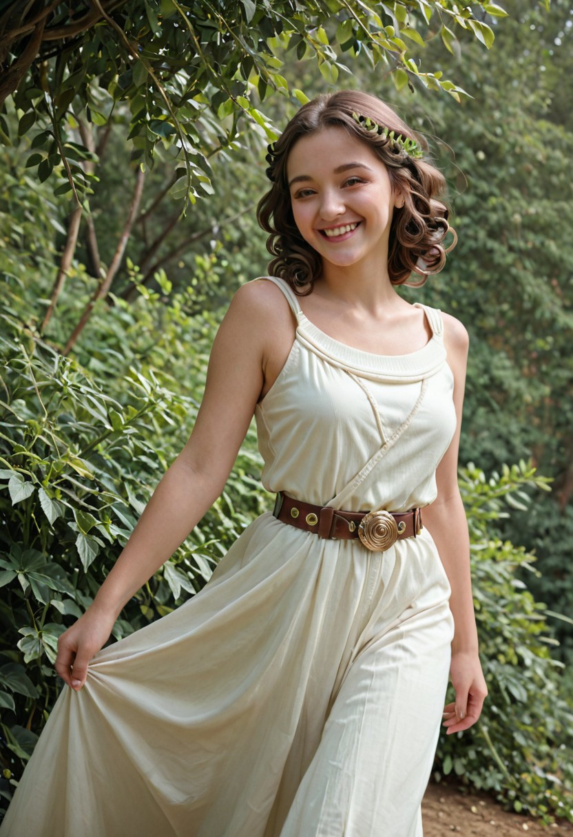 score_9, score_8_up, score_7_up, (masterpiece, best quality, ultra-detailed, realistic), Beautiful girl with curls, brown hair, smiling with joy, joyful expression, long white Toga, long dress, bronze shoulder pins, brown string belt, green leafy laurel , brown eyes,, vibrant and lively mood, dynamic angle