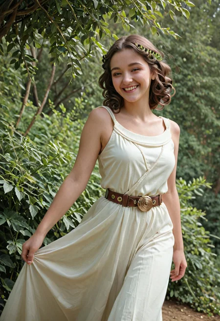 score_9, score_8_up, score_7_up, (masterpiece, best quality, ultra-detailed, realistic), Beautiful girl with curls, brown hair, smiling with joy, joyful expression, long white Toga, long dress, bronze shoulder pins, brown string belt, green leafy laurel , brown eyes,, vibrant and lively mood, dynamic angle