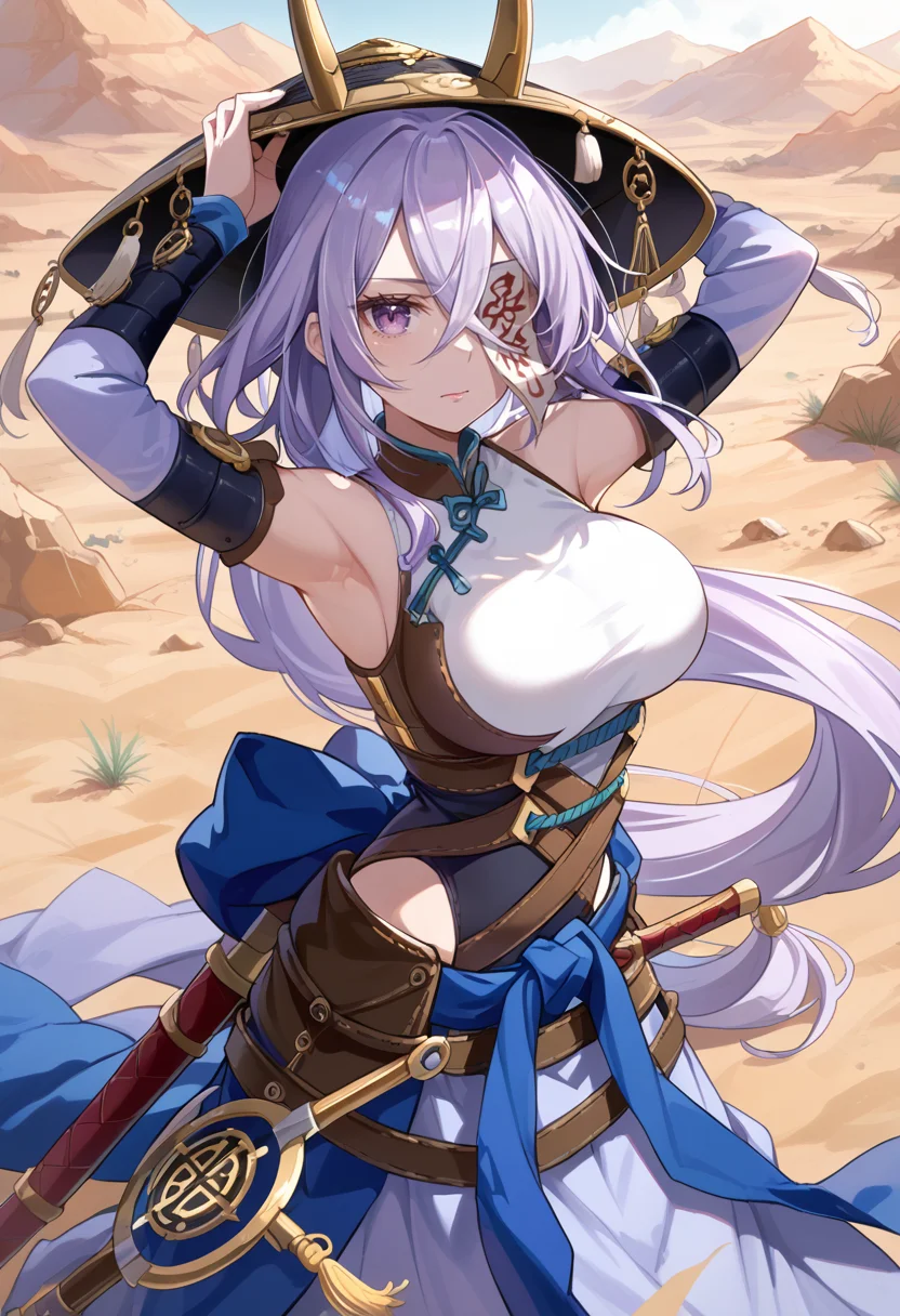 (score_9:0.9),score_8_up,score_7_up,rating_safe,anime style,(zPDXL),(zPDXL3),<lora:The Iris Swordsoul ponyXL v1.1:0.73>,purple eyes,light purple hair,fleurdelis,the iris swordsoul,1girl,solo,horn jingasa,large breasts,looking at viewer,red eyes,ofuda,white leotard,blue detached sleeves,closed mouth,one eye covered,blue long skirt,desert, arms_up