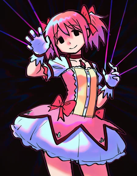 fr0y0, masterpiece, best quality, good quality, newest, very awa, absurdres, highres, black eyes, no sclera 1girl, dynamic composition, perspective, distortion, mind breaking, psychedelic, dark, puppet strings, black background, abstract background, kaname madoka \(magical girl\), from below, cowboy shot, smile, <lora:None:1.0>