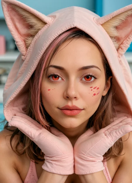 score_9, score_8_up, score_7_up, photo, photorealistic,   1girl, solo, blonde hair, tail, pink, fox_ears, cute, red eyes, medium hair, pastel, thick, gloves, hood, portrait,