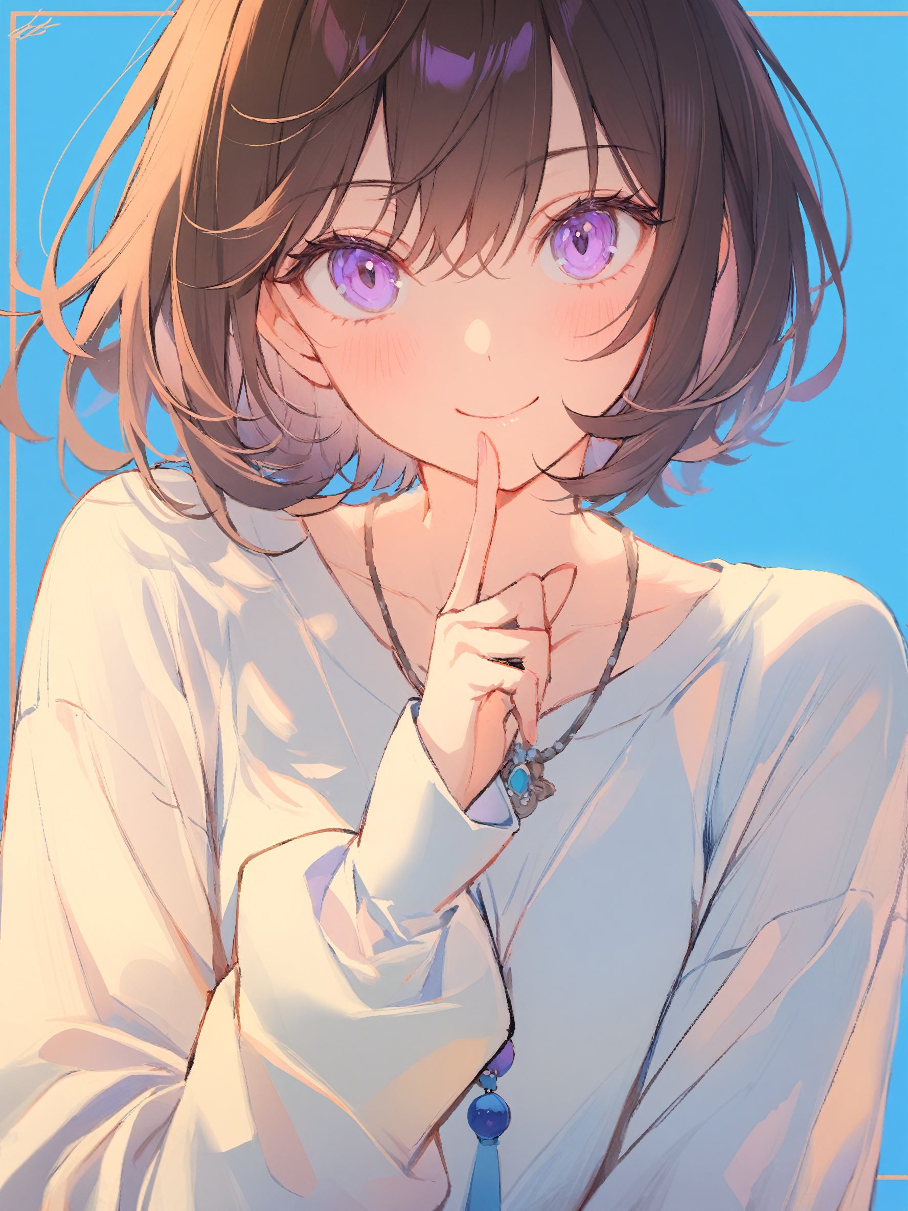 1girl, 
solo, finger to cheek, short hair, collarbone, long sleeves, looking at viewer, hair between eyes, closed mouth, necklace, hand up, eyelashes, pendant, signature, white shirt, brown hair, dot nose, blue background, smile, purple eyes, bob cut, sleeves past wrists, shirt, portrait, finger to face, jewelry, simple background, index finger raised, fingernails, straight-on, blush, hand on own face, close-up, 
masterpiece, best quality,  safe
 <lora:mki-ani31-blackmeow-v1-000120:1>