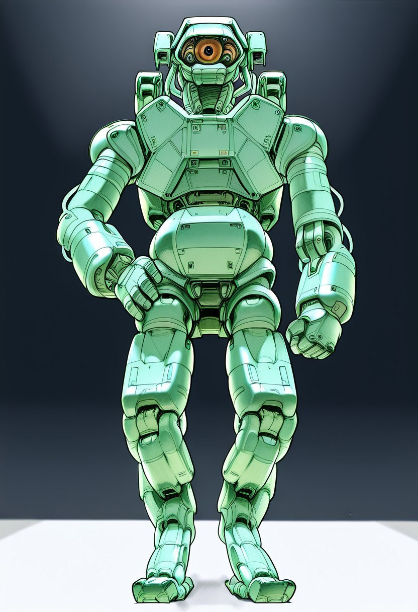 Ron_Cobb, mech, general, solo, looking at viewer, standing, hand on hip, no humans, looking down, robot, wires, cables, clenched hand, science fiction, one-eyed, digitigrade legs, redesign, photoshoot, studio lighting, mecha, robotics, mechanical parts,