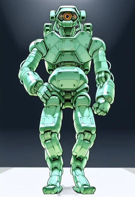 Ron_Cobb, mech, general, solo, looking at viewer, standing, hand on hip, no humans, looking down, robot, wires, cables, clenched hand, science fiction, one-eyed, digitigrade legs, redesign, photoshoot, studio lighting, mecha, robotics, mechanical parts,