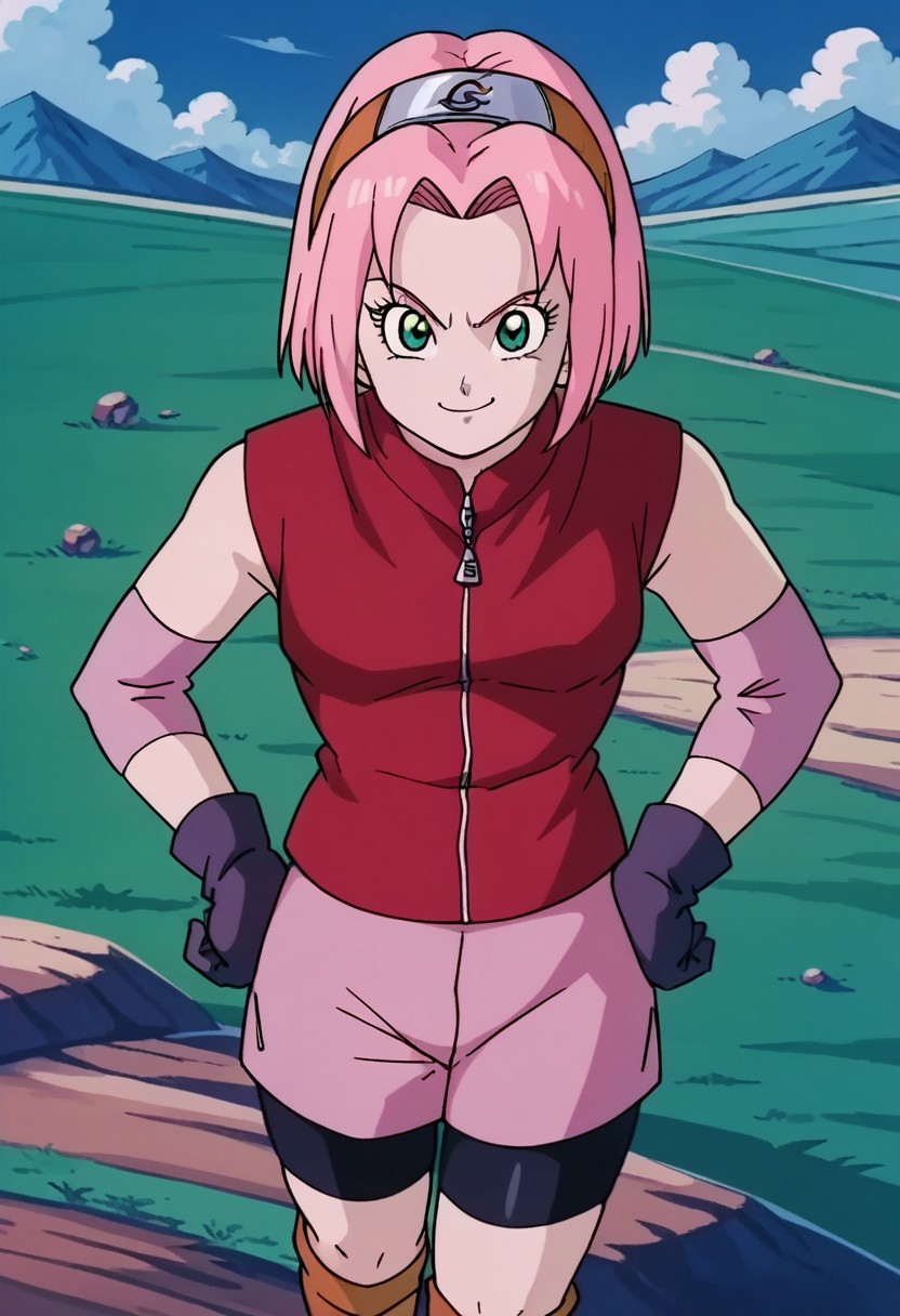 score_9, score_8_up, score_7_up, source_anime,
sakuraharuno, <lora:sakura-haruno-shippuden-s1-ponyxl-lora-nochekaiser:1>,
sakura haruno, short hair, green eyes, pink hair, parted bangs, hairband, forehead protector,
gloves, green eyes, sleeveless, black gloves, red shirt, zipper, forehead protector, konohagakure symbol, boots, bike shorts, zipper, toeless footwear,
outdoors, landscape, smile, hands on hips,
cowboy shot, looking at viewer, solo, dutch angle,retro artstyle, 90s dbz style, style dragon ball z girls 90s.