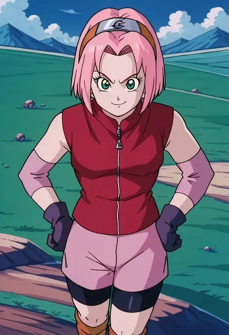 score_9, score_8_up, score_7_up, source_anime,
sakuraharuno, <lora:sakura-haruno-shippuden-s1-ponyxl-lora-nochekaiser:1>,
sakura haruno, short hair, green eyes, pink hair, parted bangs, hairband, forehead protector,
gloves, green eyes, sleeveless, black gloves, red shirt, zipper, forehead protector, konohagakure symbol, boots, bike shorts, zipper, toeless footwear,
outdoors, landscape, smile, hands on hips,
cowboy shot, looking at viewer, solo, dutch angle,retro artstyle, 90s dbz style, style dragon ball z girls 90s.