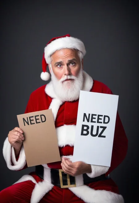 1man, old man, hot Santa, on knees, beautiful, with big sad eyes with tears, he is looking up at viewer, holding a sign that says “Need BUZZ”, text