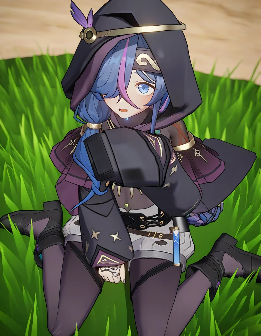 <lora:xingyi_noob:0.9>,xingyi,3dxingyi,1girl,solo,hood,hood up,multicolored hair,shorts,hair over one eye,blue eyes,grass,pantyhose,streaked hair,sitting,blue hair,long sleeves,purple hair,white background,wariza,looking at viewer,black footwear,sleeves past wrists,long hair,
masterpiece,best quality,very aesthetic,absurdres,