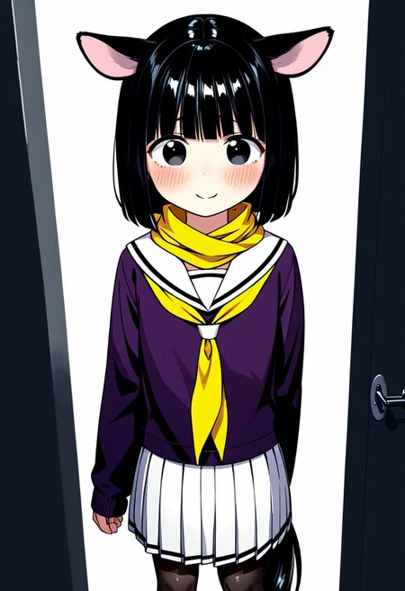 Score_9, score_8_up, score_7_up, score_6_up, score_5_up, score_4_up, alone, 1girl, Manako, short black hair, pony ears, flat chest, long tail, (Black eyes: 1.2)
Skirt, pleated skirt, serafuku, white skirt, long shirt, purple shirt, sailor collar, white sailor collar, long sleeves, scarf, yellow scarf, knee-high socks, pantyhose
Nervous, blushing, looking straight ahead, shy, standing behind a door, smiling,