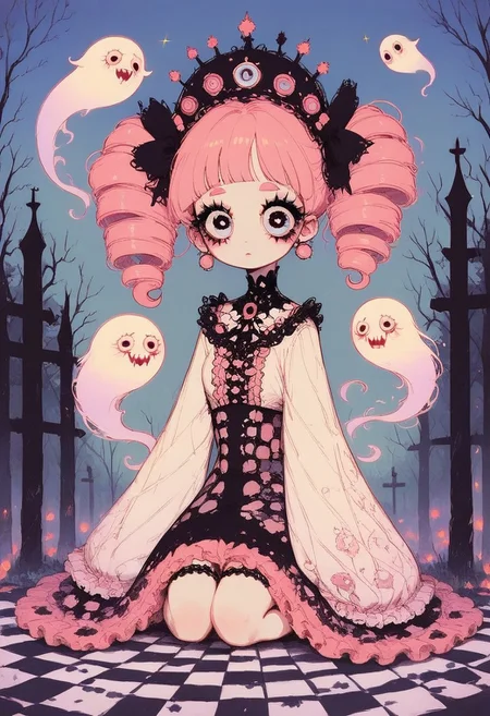 core_9, score_8_up, score_8_up, Expressiveh,1girl, solo, (ultra HD quality details), (Perona: 0.7), colorfull, pink hairs, (large, round eyes with dark, dramatic eyelashes and distinct red irises, giving her a striking and eerie appearance), small, ((skindentation)), wearing a layered ruffle mini skirt and top with checkered pattern and long loose sleeves, lace, graveyards background, trees, blue sky, clouds, weird sun, thin legs, skynny, (((cute white ghosts flying around, ghosts))), thin body, robin_v2_1600, d4rkpurp
