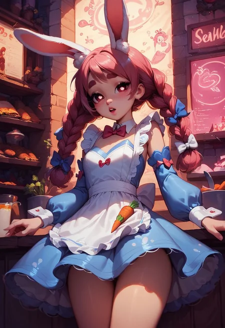 score_9, score_8_up, score_7_up,
a sweet and innocent girl with a face that exudes cuteness and charm, her petite frame adorned in a snug mini dress made of soft, fluffy fur. pekomamadef, thick eyebrows, bunny-shaped pupils, rabbit ears, animal ear fluff, apron, dress, detached sleeves, bow, carrot hair ornament, read description, Expressiveh, g0thicPXL, glowing, neon,