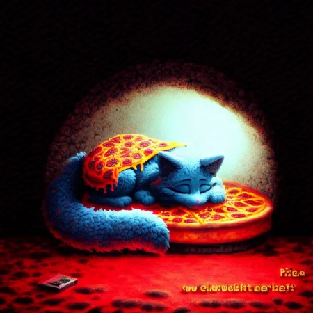 candy kitty, top down full body view, neon blue glow, ((cute adorable and fluffy cat sleeping ontop of a pizza what rests ontop of a pizza box)), futuristic robot cat, fluffy wild kitty cat, NightScapes, pizza, neko, cat, feline, cheese strings, juicy, perfectly baked pizza, juicy pepperony pizza, cozy atmosphere, creative light overlay, 4k, masterpiece, (masterpiece), best quality, (4K), (cinematic lighting), highly detailed, 8K, UHD, ultra detailed, immersive picture, vivid colors, volumetric light, cinematic light, extremely detailed CG, clutter, thrash, cluttered shed, boxes labeled 'stuff', tangled cables, tools, batteries, charger, 18650 randomness, various objects, wall painting, low key, spot lighting, BREAK glass jars, liquid, glass, glass bottle, red liquid, backlit, sleeping neko cat,