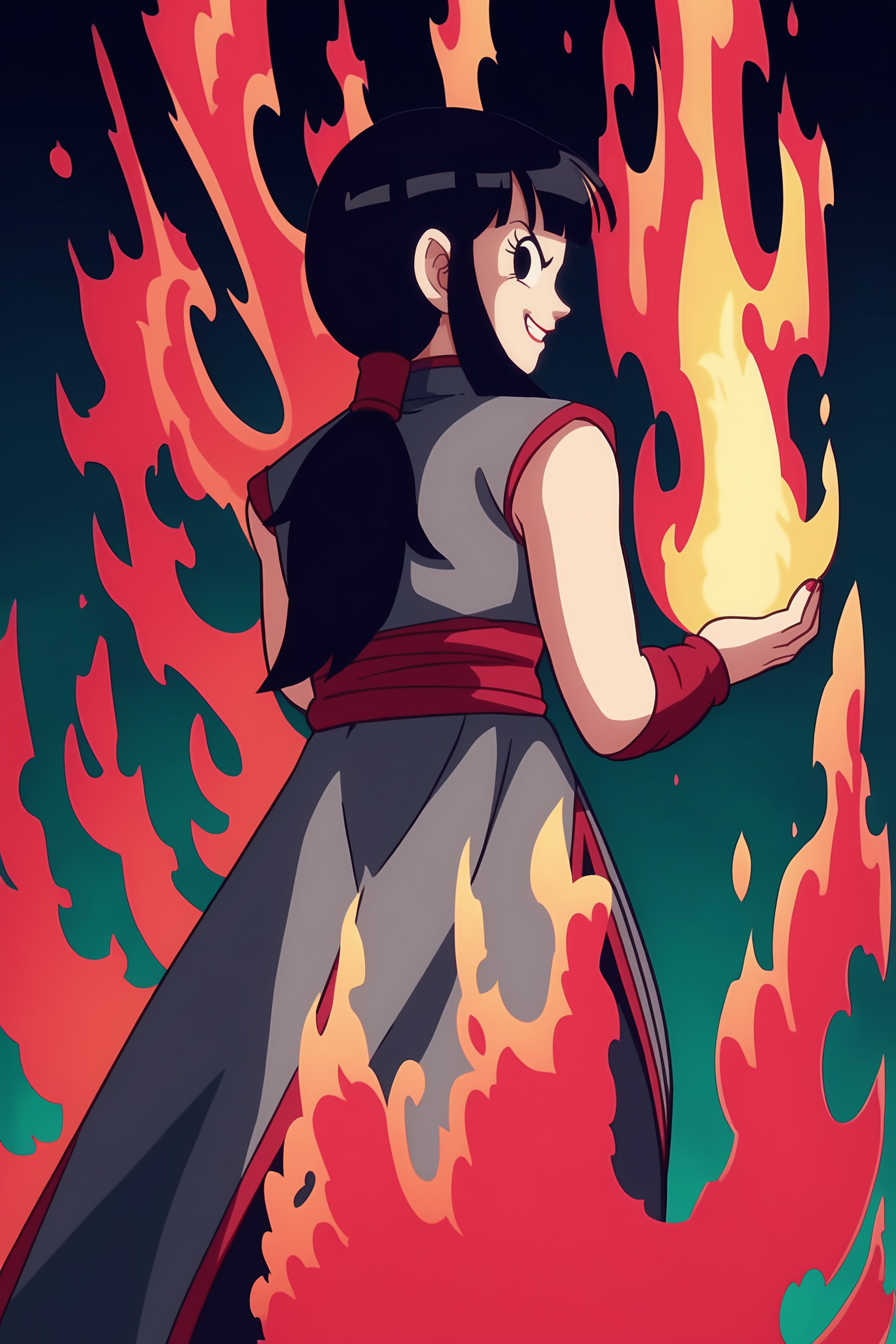 source_anime, score_9, score_8_up, score_7_up, anime screencap, absurdres, 
official style, chi-chi black, looking back, 1girl, solo, long hair, black hair, sidelocks, ponytail, black eyes, sleeveless dress, black dress, red trim, chinese clothes, china dress, red wristband, red sash, evil smile, v-shaped eyebrows, from behind, standing, flame, arms by side, black background, fire
<lora:chichi_v1:0.8>