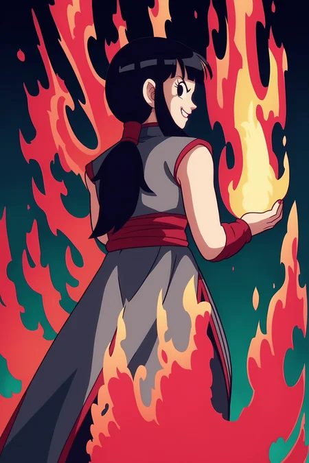 source_anime, score_9, score_8_up, score_7_up, anime screencap, absurdres, 
official style, chi-chi black, looking back, 1girl, solo, long hair, black hair, sidelocks, ponytail, black eyes, sleeveless dress, black dress, red trim, chinese clothes, china dress, red wristband, red sash, evil smile, v-shaped eyebrows, from behind, standing, flame, arms by side, black background, fire
<lora:chichi_v1:0.8>