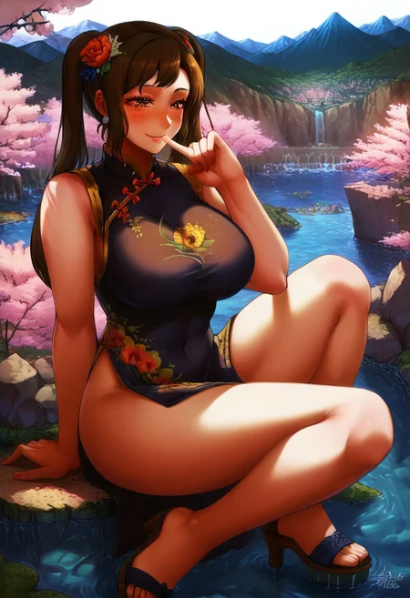 score_9, score_8_up, score_7_up,source_anime, high res image,masterpiece,best quality, 1women, mother_sv, long hair, brown hair, brown eyes, ponytails, cute, ultra detailed eyes, eyelashes, flower, hair flower, hair ornament, hair ornament on hair, ruanyi0604,black dress,china dress,floral print, white high heel sandals, larger than cities, towering over cities, bigger than cities, big breasts, giantess full body shots, giantess, giant, goddess, divine goddess, size difference, seductive smile, seductive confident expression, finger to mouth, blushing, long legs, perfect arms, perfect hands, perfect face, perfect legs, perfect thighs, perfect feet, perfect eyes, extremely beautiful, sexy, scenery, mountain background, city landscape, in a city, surrounded by buildings, houses, tall skyscrapers, dirt road, trees, forests, cherry blossoms, blue sky, mountains, fantasy, landscape, tiny people, <lora:giantess:1>, sitting, forests, lake of water, giga giantess, gts, large body, cliff, giantess sitting on a mountain cliff, water ripples, looking down, giantess at a right angle position,