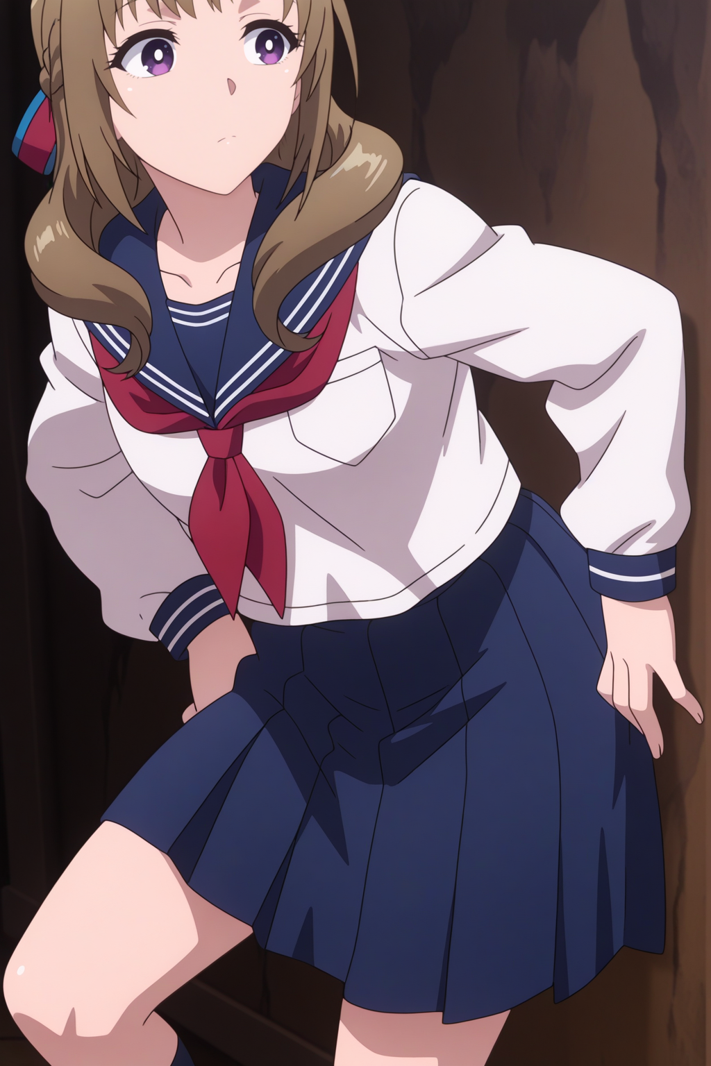 masterpiece, anime coloring, newest,  mamako, school outfit, long sleeves, blue sailor collar, breast pocket, red neckerchief, Underground Fight Club, Leaning against a wall with legs slightly apart,   <lora:Mamako-illust:0.8>
