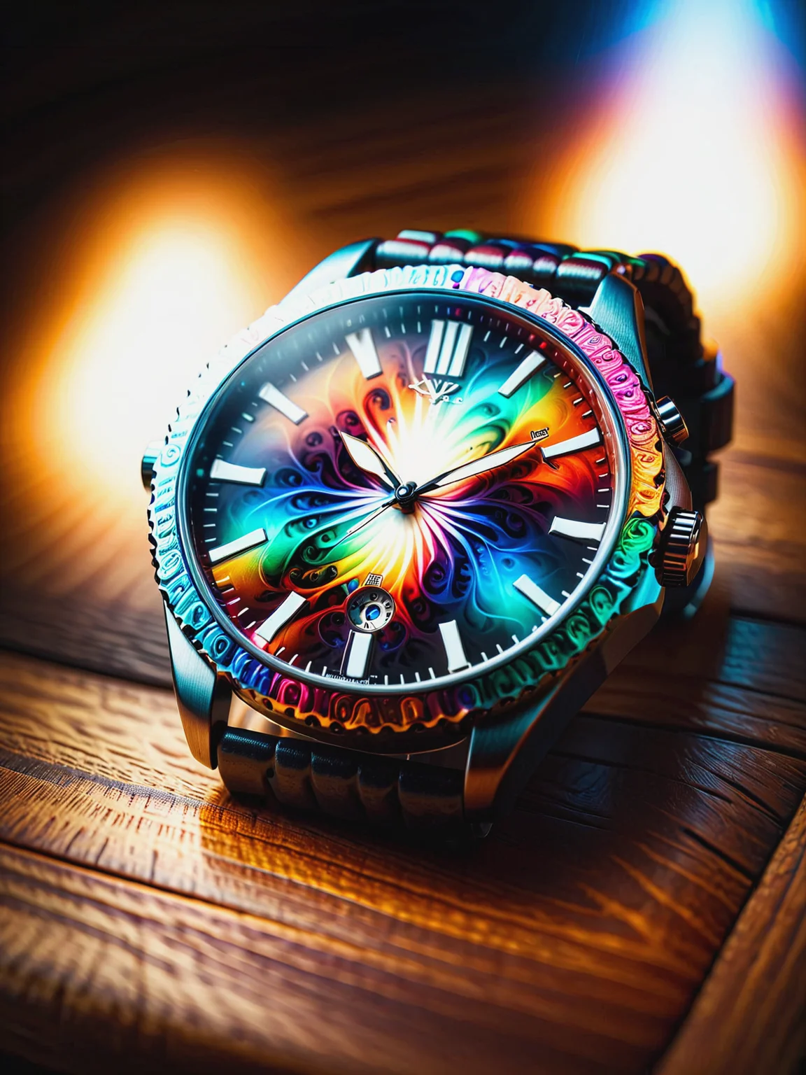 close-up of colorful mad-frctl watch lying on wooden table, light rays, cinematic shot, great lighting <lora:Colorful_Fractal_SDXL:1>, (masterpiece:1.2), best quality