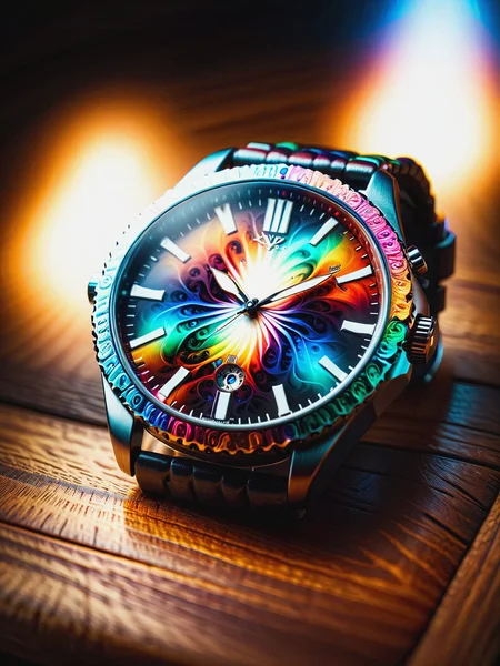 close-up of colorful mad-frctl watch lying on wooden table, light rays, cinematic shot, great lighting <lora:Colorful_Fractal_SDXL:1>, (masterpiece:1.2), best quality