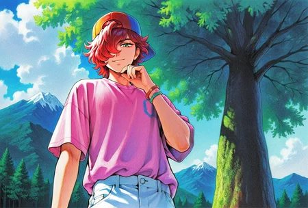 masterpiece,best quality,amazing quality, multfx, colorful, colored shading, hued shading, cyb88, traditional media, SSALBE, 1boy, solo, male focus, wavy hair, short hair, pink-red hair, hair over one eye, green eyes, backwards cap, headwear, pink shirt, white pants, smile, from the side, from below, side glance, looking at viewer, hand up, bracelets, upper body, outdoors, trees, cloudscape, mountain