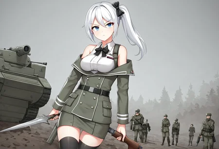 Best quality,ultra Hd, war zone ambience,short skirt,source anime, hammer and sickle cross symbol on red flag,game CG,battle style thigh high sock, smooth skin, soft medium round breast,glowing body,nice blue eye, very long light white hair girl,side ponytail with ribbon bow tie, black & white elegant Soviet army winter outfit, outdoor,bare shoulder,waifu material, very sour face, hand hold SVD riffle , lawfull  girl,  serious vibes, she with upset face with  position to fire ,pointing gun at enemy,arctic cycle front,under heavy enemy concentrate fire, Trench 
with barbwire background,bottle of Vodka,sit on Trench with return fire,bullet casing, Blizzard ,pout face,cold looking eye, soldier in defense Trench formation,Trench warfare,T 62 tank ,ussr,with red flag,слава России