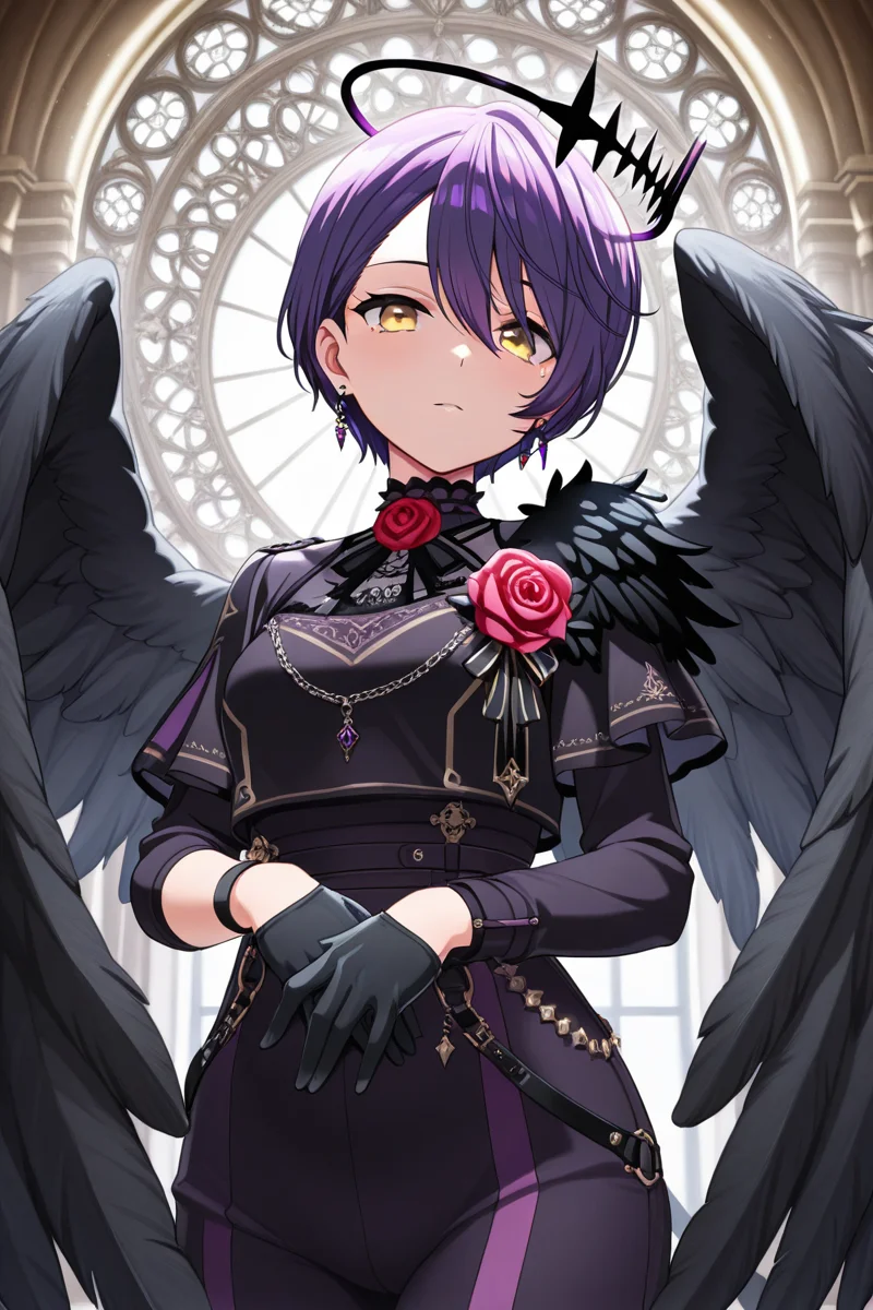 masterpiece, best quality, amazing quality,
<lora:Aoi_IL:1> aoi, wings, solo, gloves, flower, short hair, 1girl, black gloves, rose, black wings, yellow eyes, earrings, jewelry, looking at viewer, purple hair, feathered wings, halo