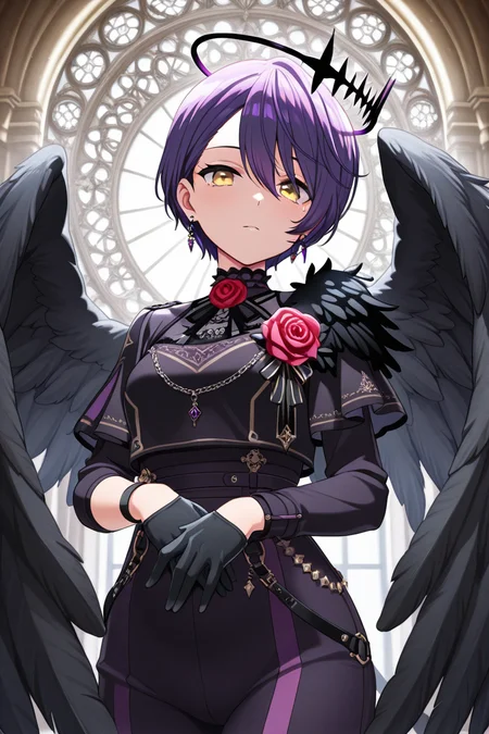 masterpiece, best quality, amazing quality,
<lora:Aoi_IL:1> aoi, wings, solo, gloves, flower, short hair, 1girl, black gloves, rose, black wings, yellow eyes, earrings, jewelry, looking at viewer, purple hair, feathered wings, halo