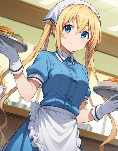 score_9, score_8_up, score_7_up, source_anime,
kahohinata, <lora:kaho-hinata-ponyxl-lora-nochekaiser:1>,
kaho hinata, blonde hair, blue eyes, hair between eyes, long hair, sidelocks, twintails, smile,
apron, blue shirt, blue skirt, frilled apron, frills, gloves, head scarf, shirt, short sleeves, skirt, uniform, waist apron, waitress, white apron, white gloves, food, tray, food tray,
indoors, restaurant,
looking at viewer, dutch angle, cowboy shot, dynamic pose,