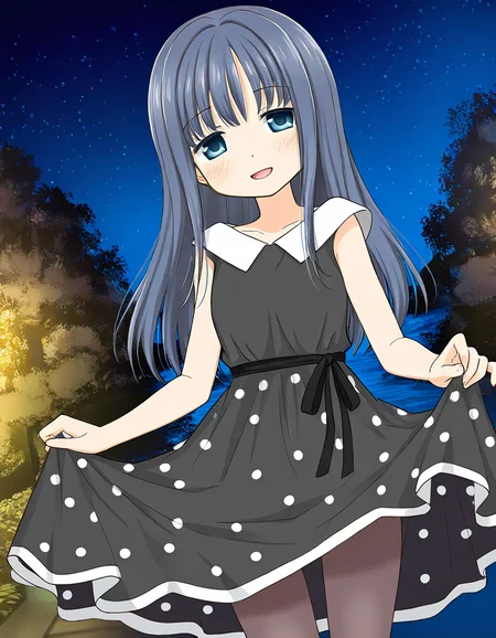 masterpiece, best quality, newest, absurdres, highres, safe, 1girl, nanami yachiyo \(casual costume\), magia record: mahou shoujo madoka magica gaiden, pantyhose, smile, open mouth, solo, night, outdoors, dutch angle, <lora:nanami_yachiyo_noobaiXLNAIXL_vPred10Version:0.7>