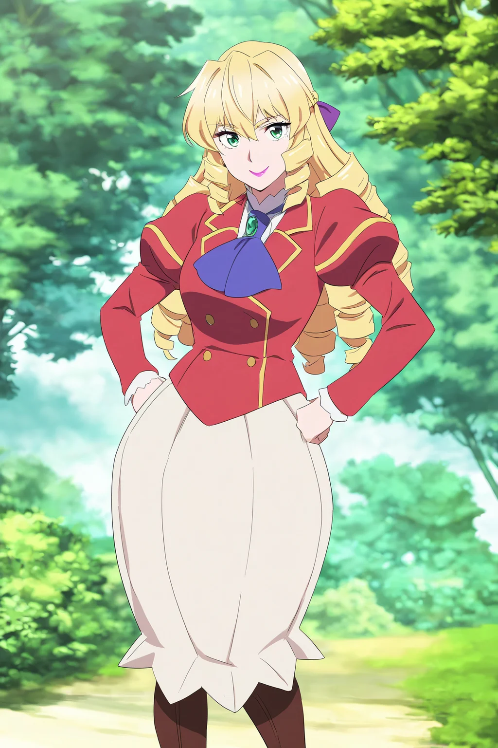 masterpiece, best quality, absurdres, highres, cinematic light, 1girl, <lora:grace_auverne:1> grace_wz, blonde hair, long hair, drill hair, drill sidelocks, hair bow, purple bow, lipstick, green eyes, school uniform, red blazer, long skirt, white skirt, pleated skirt, blue ascot, puffy sleeves, ringlets, long sleeves, formal clothes, standing, looking at viewer, smile, hands on own hips, outdoors, tree, brown boots, knee boots,