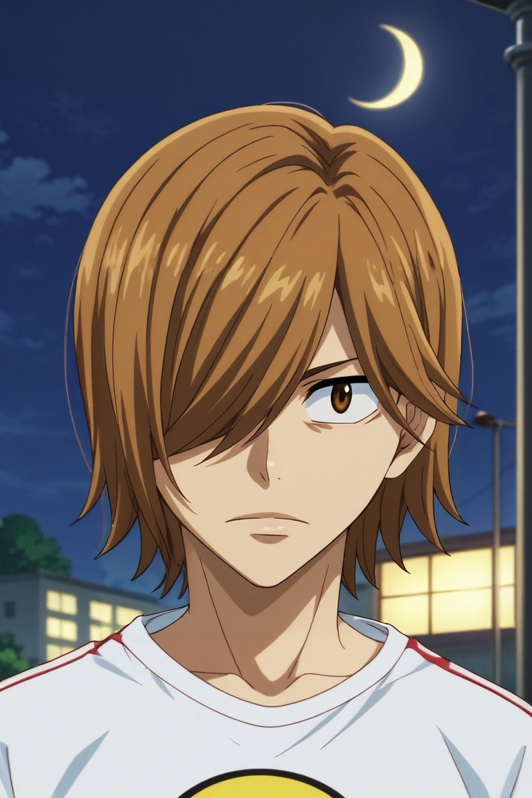 score_9, score_8_up, score_7_up, source_anime, rating_safe, intricate details, anime screencap, anime coloring, official style, , depth of field, 1boy, solo, male focus, <lora:hajime_aoyagi_pony:0.96>, hajime_aoyagi, brown hair, brown eyes, hair over one eye, upper body, fuji mountain, night, crescent moon, legs up, expressionless, , <lora:sdxl_lightning_8step_lora:1>