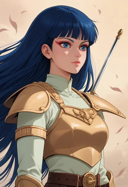 score_9, score_8_up, score_7_up, realistic, ladykayura, kayura, ronin warriors, solo, 1girl, retro, blue hair, 1980s (style), bangs, long hair, blue eyes, portrait, makeup, armor, shoulder armor, gloves, swords