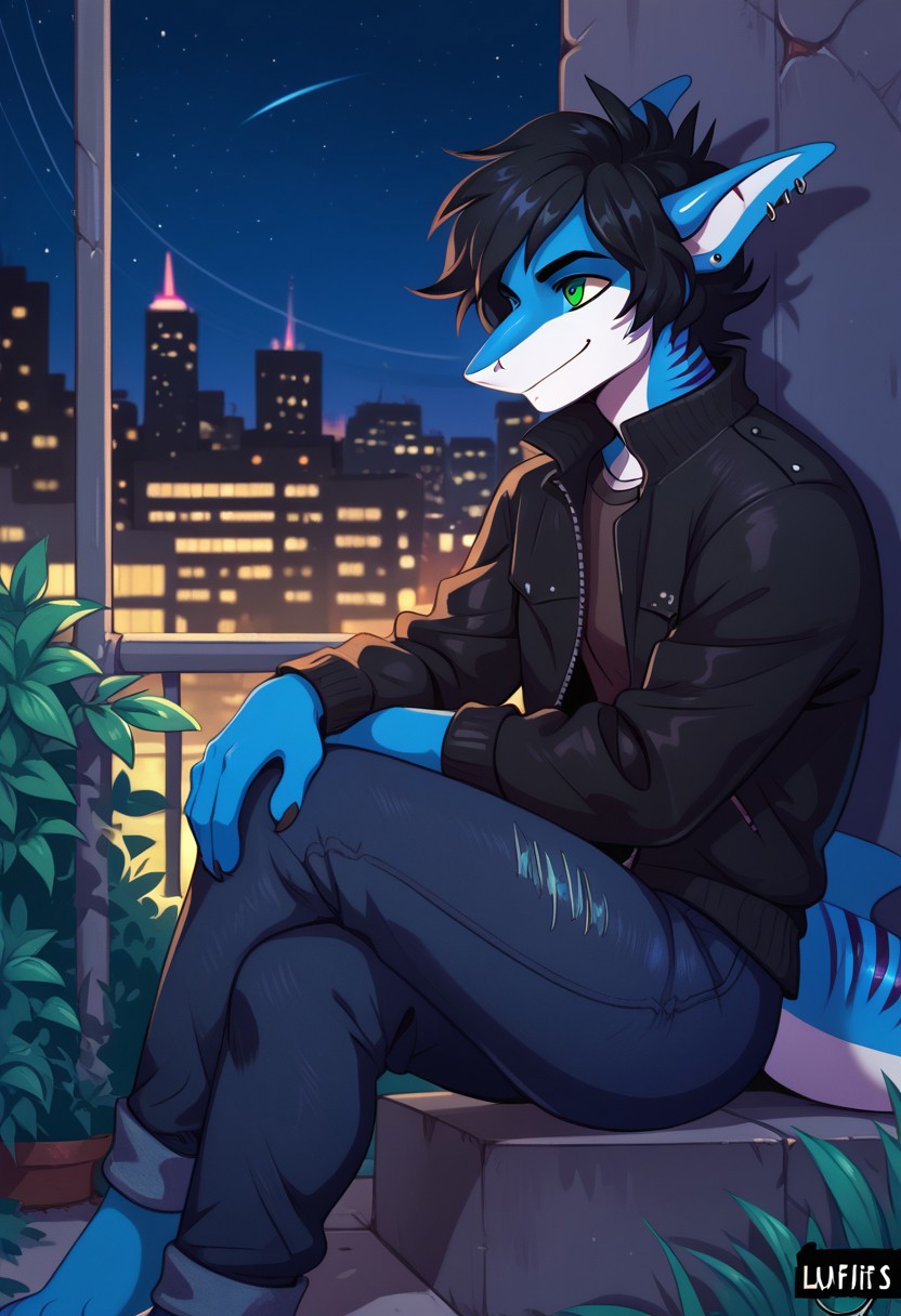 ziffir_stylepxl,  score_9, score_8_up, score_7_up, 1boy, solo, lunarsunxl, anthro shark,dark blue skin, stripes on the body, short hair,lush hair,black hair, green eyes, shark tail, ear piercing, BREAK, sitting on the ground, left leg straight, right knee bent, hands on knees, black leather jacket, blue jeans, side view, night sky, looking at the sky, slight smile, background hill outside the city,