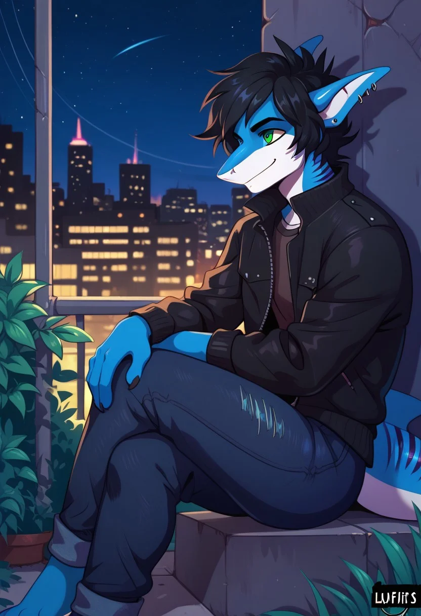 ziffir_stylepxl, score_9, score_8_up, score_7_up, 1boy, solo, lunarsunxl, anthro shark,dark blue skin, stripes on the body, short hair,lush hair,black hair, green eyes, shark tail, ear piercing, BREAK, sitting on the ground, left leg straight, right knee bent, hands on knees, black leather jacket, blue jeans, side view, night sky, looking at the sky, slight smile, background hill outside the city,