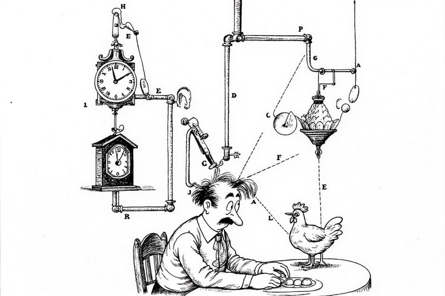 rugo1 illustration. 
A man with a prominent mustache is combing his hair with a strange and complicated contraption. The machin contains a grandfather clock and a chicken laying eggs.
 <lora:rugo1_cap_d6a3e11:1.0><lora:828774589279643983:0>
