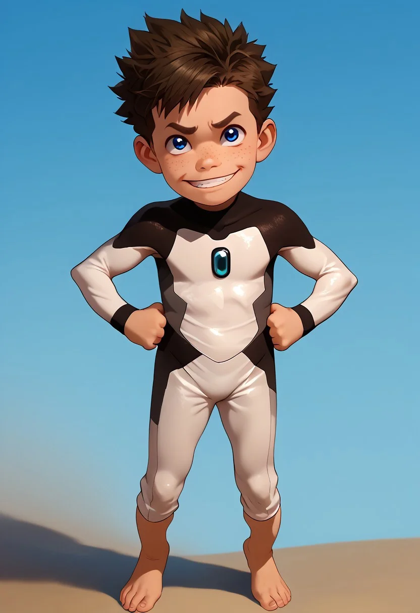 score_9, score_8_up, score_7_up,1boy, solo, cute boy, Koji, Blue Eyes, Brown Hair, Freckles, Bodysuit, Barefoot, hands on hips, smug smile, PONYXL_AlexRoss_ComicArt_ownwaifu