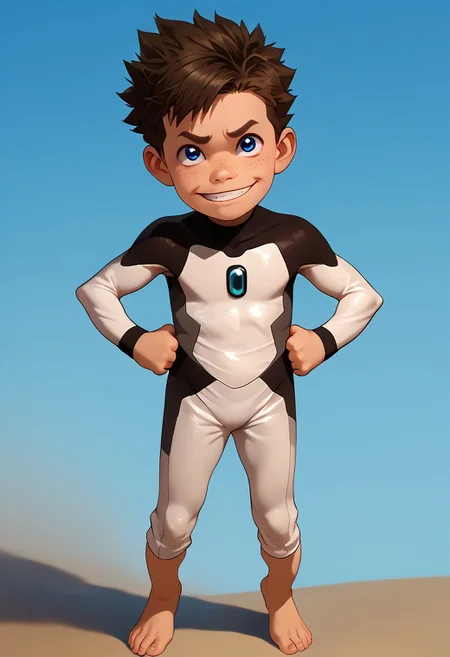 score_9, score_8_up, score_7_up,1boy, solo, cute boy, Koji, Blue Eyes, Brown Hair, Freckles, Bodysuit, Barefoot, hands on hips, smug smile, PONYXL_AlexRoss_ComicArt_ownwaifu