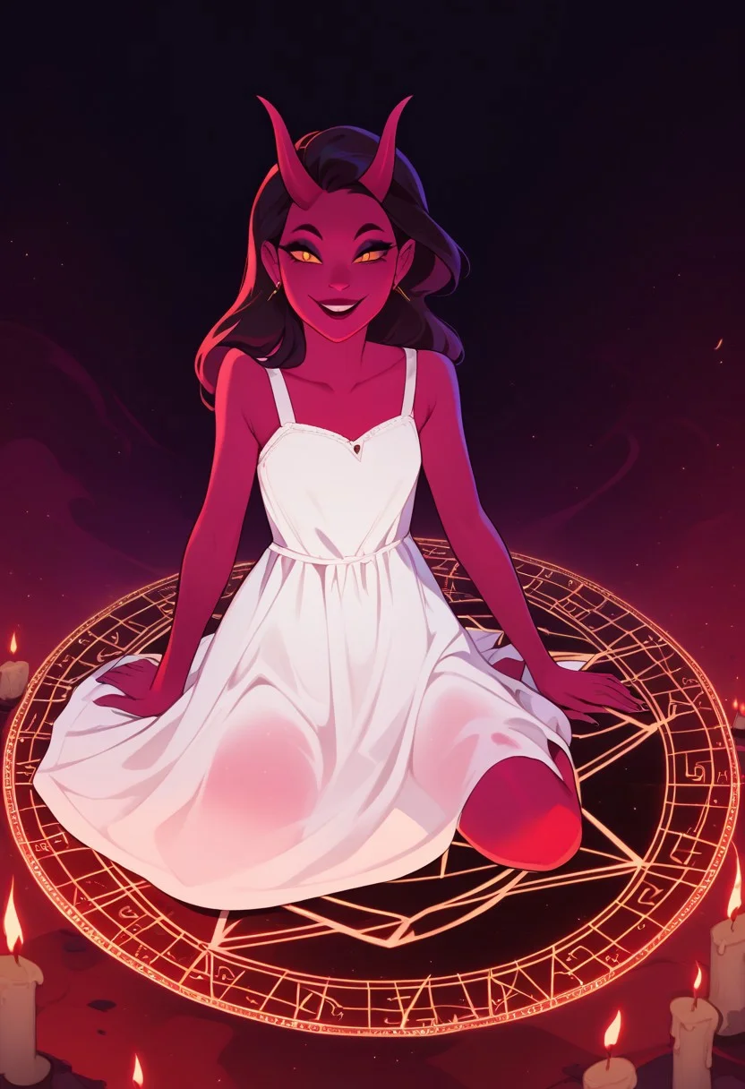 score_9, score_8_up, score_8_up, 
1girl, woman, 
colored skin, cute and sexy girl,
((face focus)), demon girl, pretty face, pale skin, 
sundress, seethrough dress, 
pinup pose, 
(((well lit))) sommoning circle, 
emerging from summoning circle,  swirling magic,
summon, magic circle,
