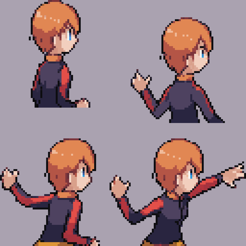 backsprite, gen3backtrainer, sprite sheet, pixel art, from behind, lunaMWS, 1girl, blue eyes, orange hair, short hair, swept bangs, small breast, yellow jacket, long sleeves, black shirt, brown skirt, pencil skirt, white background, simple background   <lora:PkmnGen3TrainerBack:1> <lora:Luna_PlanetSurvival:1>