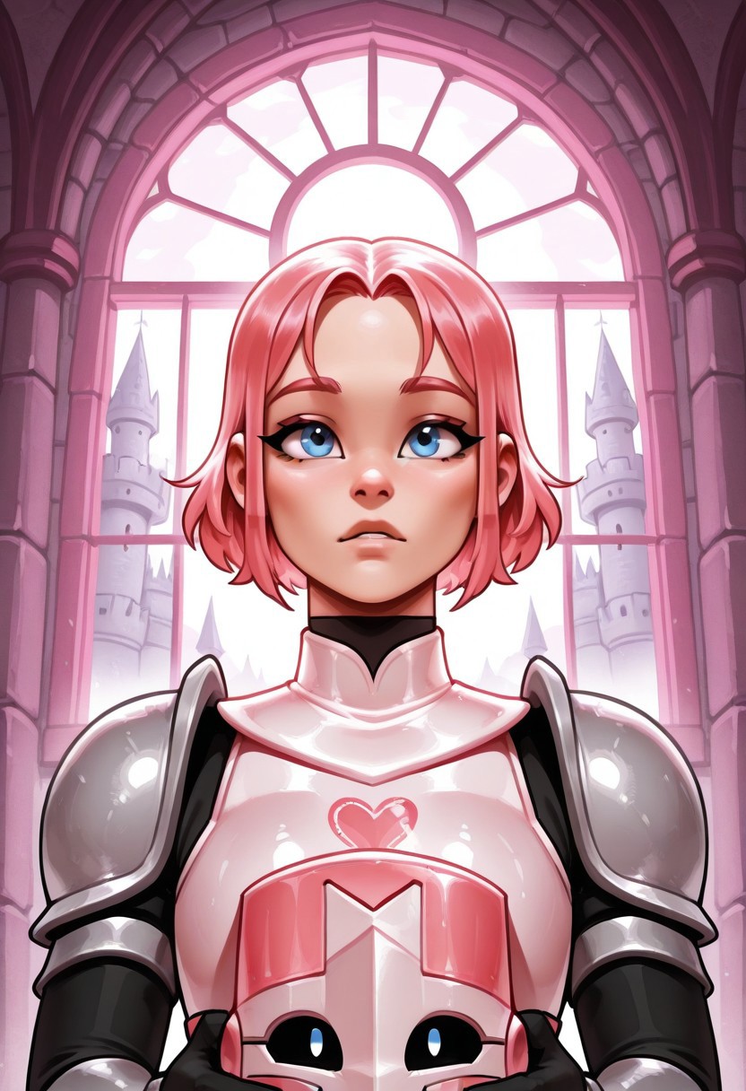 Pink knight(character), pink armor,holding helmet,pink hair, short hair,blue eyes,Inside, in a castle, castle Window, solo,portrait,femboy