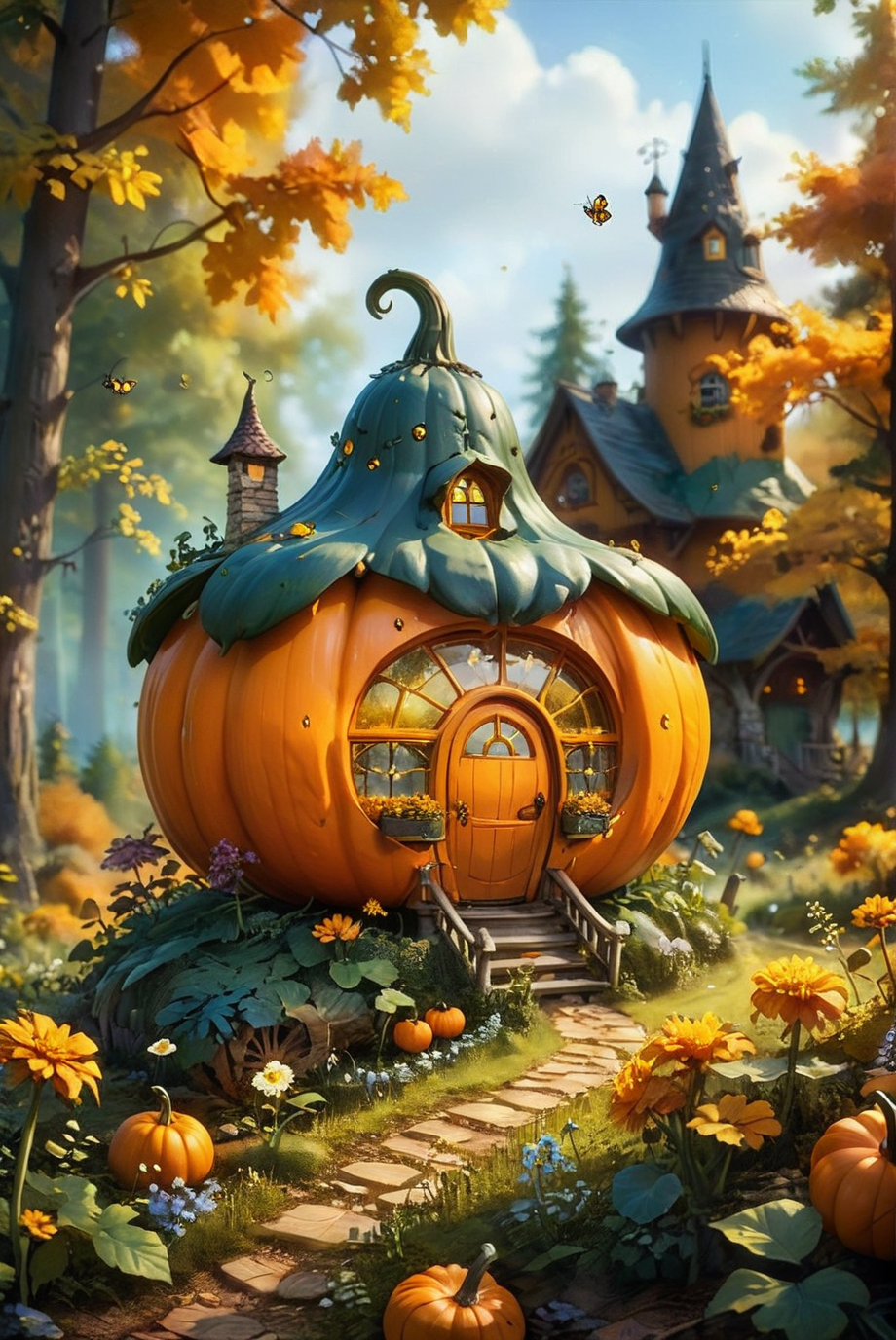 A hyper-realistic and surreal scene featuring a pumpkin-shaped house in the middle of a forest. The surroundings are adorned with small flowers and glowing fireflies, adding a magical touch. The image is captured using tilt-shift photography, creating a dreamy, blurred background with a slight mist, enhancing the whimsical and fantastical atmosphere. The details of the pumpkin house, the delicate flowers, and the fireflies are meticulously rendered, making it a captivating and enchanting visual experience.
hyper-realistic, surreal, pumpkin-shaped house, forest, small flowers, glowing fireflies, tilt-shift photography, dreamy, blurred background, slight mist, whimsical, fantastical, meticulously rendered, captivating, enchanting visual experience.
<lora:20240627-1719439682067:0.8> FRESHIDEAS Fantasy Cottage,
<lora:add-detail-xl:1.0>,
<lora:EnvyBetterHiresFixXL01:1.0>,
<lora:extremely_detailed:1.0>, extremely detailed, 
<lora:EldritchMixIllustration_1.1:0.75>,
<lora:zavy-cntrst-sdxl:0.5> dark, chiaroscuro, low-key,