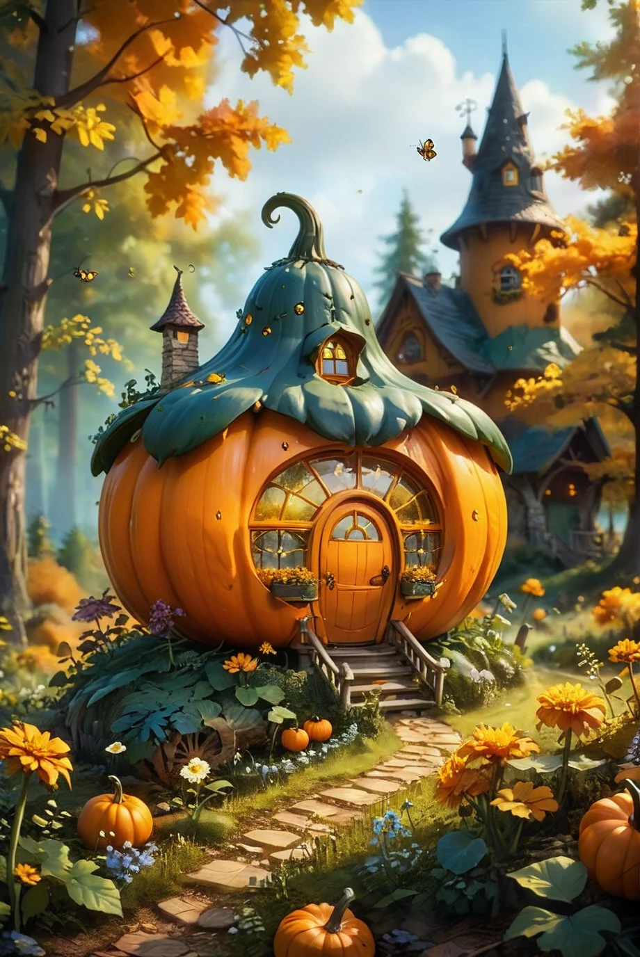 A hyper-realistic and surreal scene featuring a pumpkin-shaped house in the middle of a forest. The surroundings are adorned with small flowers and glowing fireflies, adding a magical touch. The image is captured using tilt-shift photography, creating a dreamy, blurred background with a slight mist, enhancing the whimsical and fantastical atmosphere. The details of the pumpkin house, the delicate flowers, and the fireflies are meticulously rendered, making it a captivating and enchanting visual experience.
hyper-realistic, surreal, pumpkin-shaped house, forest, small flowers, glowing fireflies, tilt-shift photography, dreamy, blurred background, slight mist, whimsical, fantastical, meticulously rendered, captivating, enchanting visual experience.
<lora:20240627-1719439682067:0.8> FRESHIDEAS Fantasy Cottage,
<lora:add-detail-xl:1.0>,
<lora:EnvyBetterHiresFixXL01:1.0>,
<lora:extremely_detailed:1.0>, extremely detailed,
<lora:EldritchMixIllustration_1.1:0.75>,
<lora:zavy-cntrst-sdxl:0.5> dark, chiaroscuro, low-key,