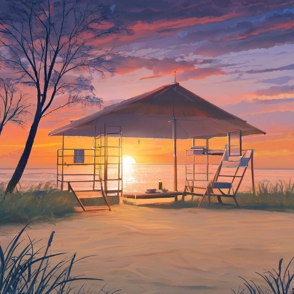 beautiful evening beach scene on the southern coast of Russia, stunning red sunset, vivid red and orange hues in the sky, soft warm light reflecting off the gentle waves, a few lush green birch trees to the side, golden sandy shore, scattered seashells glistening in the fading light, calming and serene atmosphere, soft breeze rustling through the leaves, distant seagulls flying over the horizon, small bonfire with warm glow illuminating the sand, cozy beach chairs and a surfboard leaning against a birch tree, a couple of lanterns casting soft shadows, gentle lapping of waves on the shore, romantic and inviting ambiance, painted in oil brushstrokes, highly detailed, vibrant colors, ultra-high-definition, cinematic composition, oil painting, impressionist style
