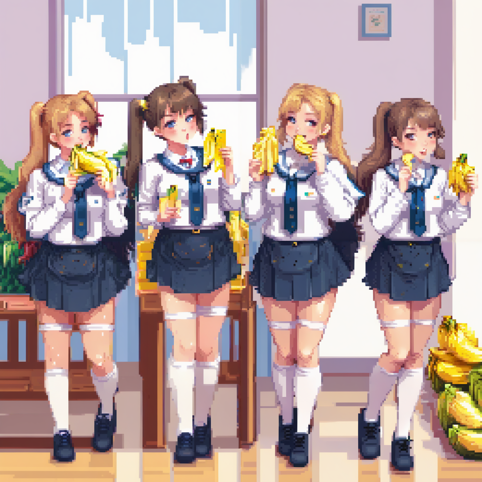 minimalistic, flat shading,  a group photo of cute pale school-girls with large tits and thick thighs dressed in their school clothes eating bananas, detailed god rays, perfect hands,
<lora:pixelbuildings128-v2:1.5>,